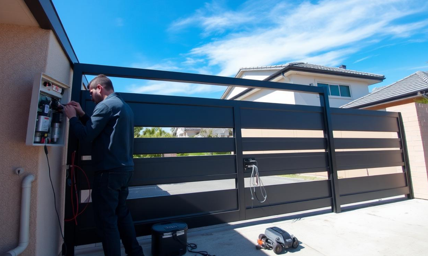 a professional technician repairing a residential gate in Cloud, FL, showcasing expert gate repair services for homes and businesses..